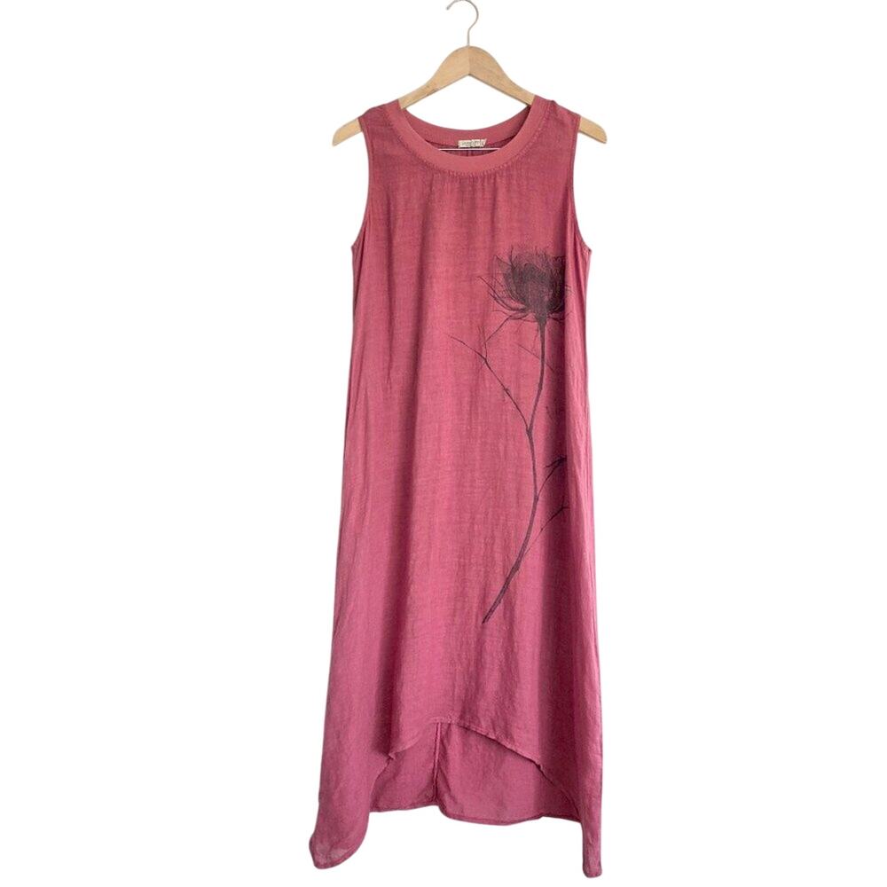 Laura Gotti Made in Italy Linen Maxi Dress Artsy Botanical Graphic Hi-Low lagen